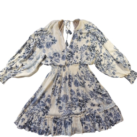 lovestitch Dresses & Skirts - Lovestitch Floral Mini Dress M Blue White Cottagecore Smocked Peasant Slv Boho